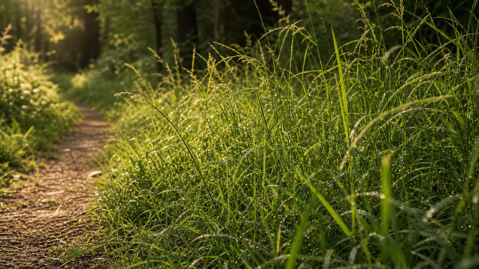 Potecă îngustă printre ierburi înalte, la marginea unei păduri, în lumina caldă a serii