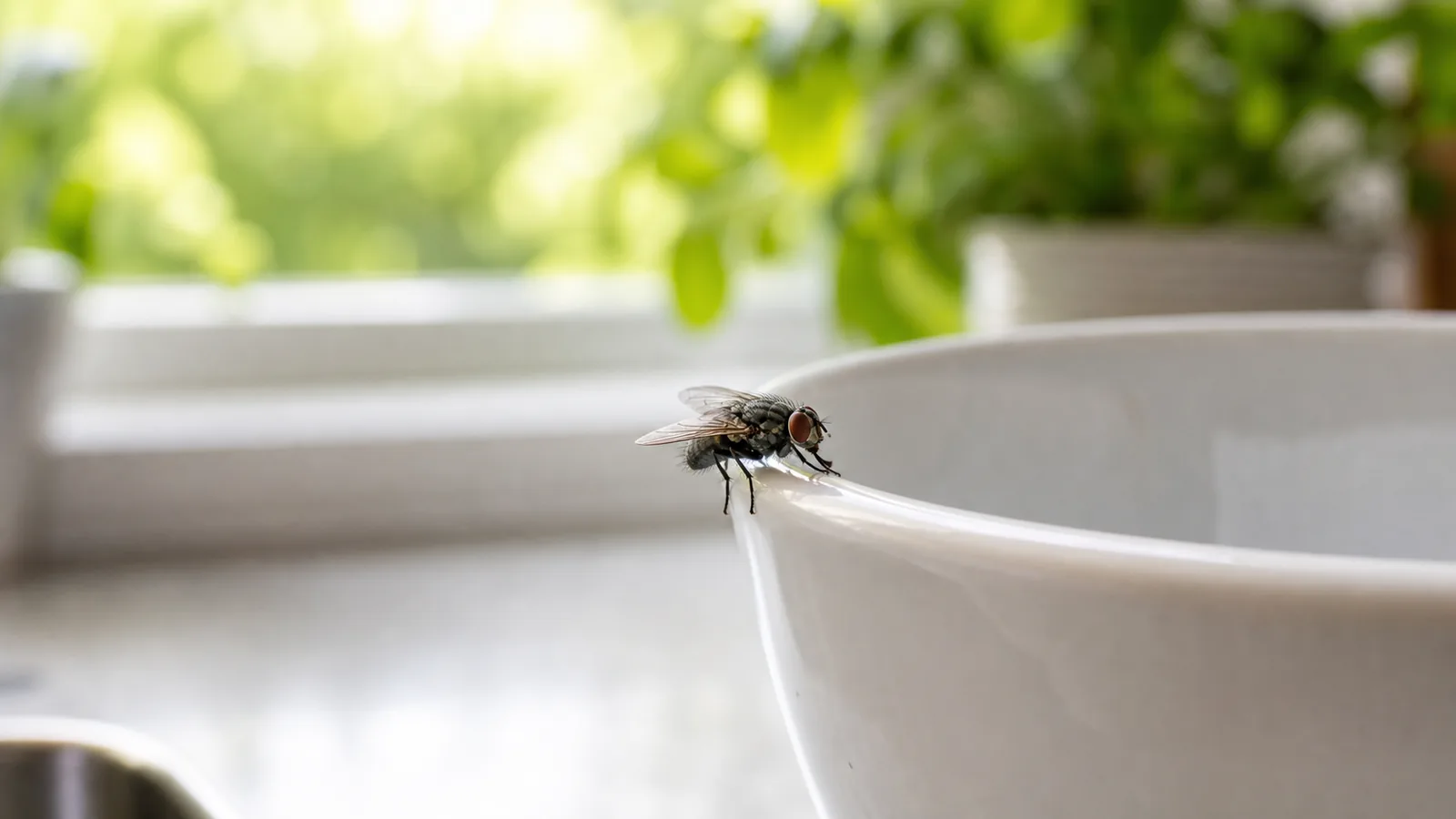Muscă domestică văzută de aproape pe blatul unei bucătării, lângă o farfurie cu fructe de vară
