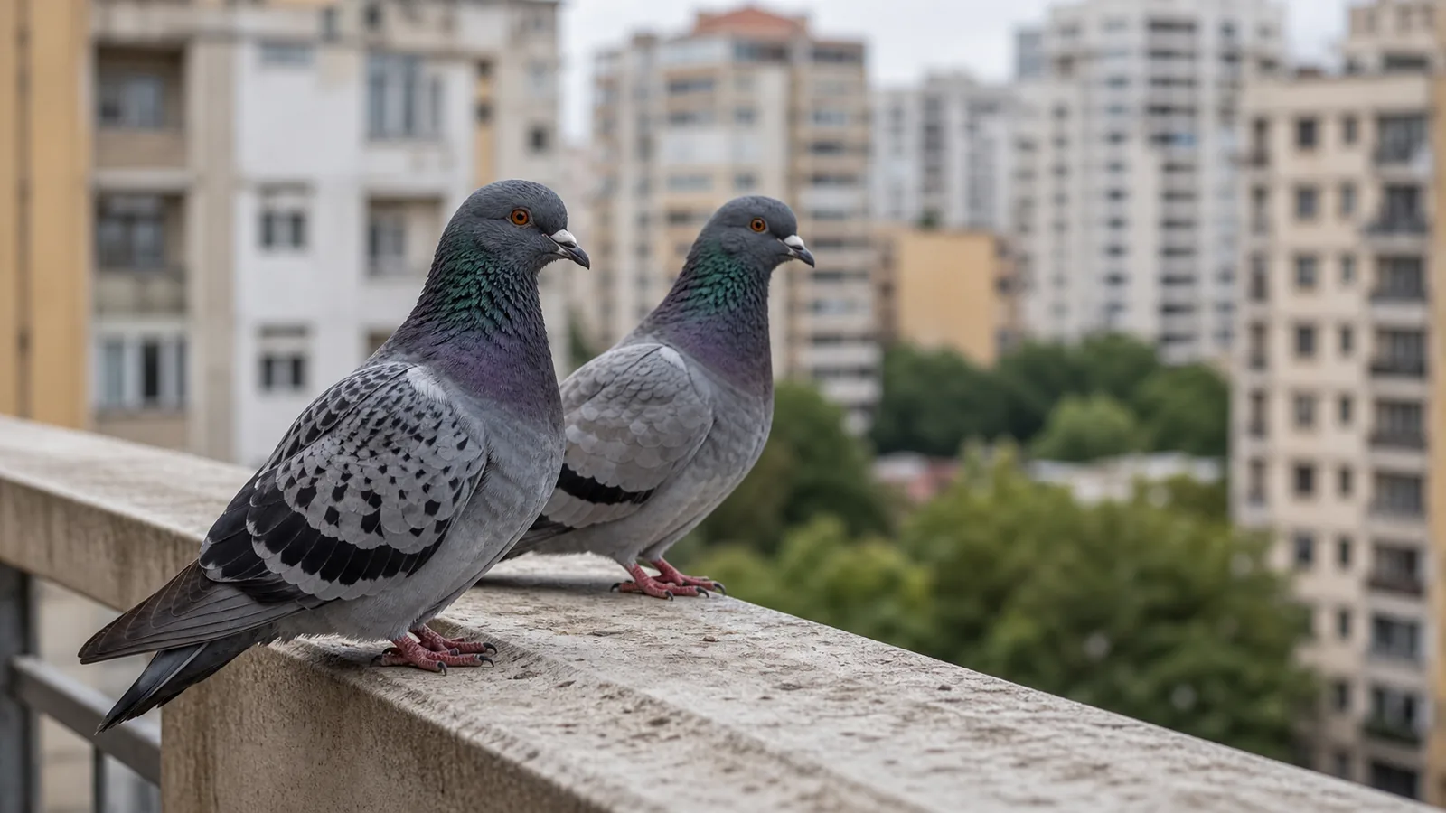 Porumbei așezați pe balustrada unui balcon de bloc, cu o plasă de protecție montată în fundal