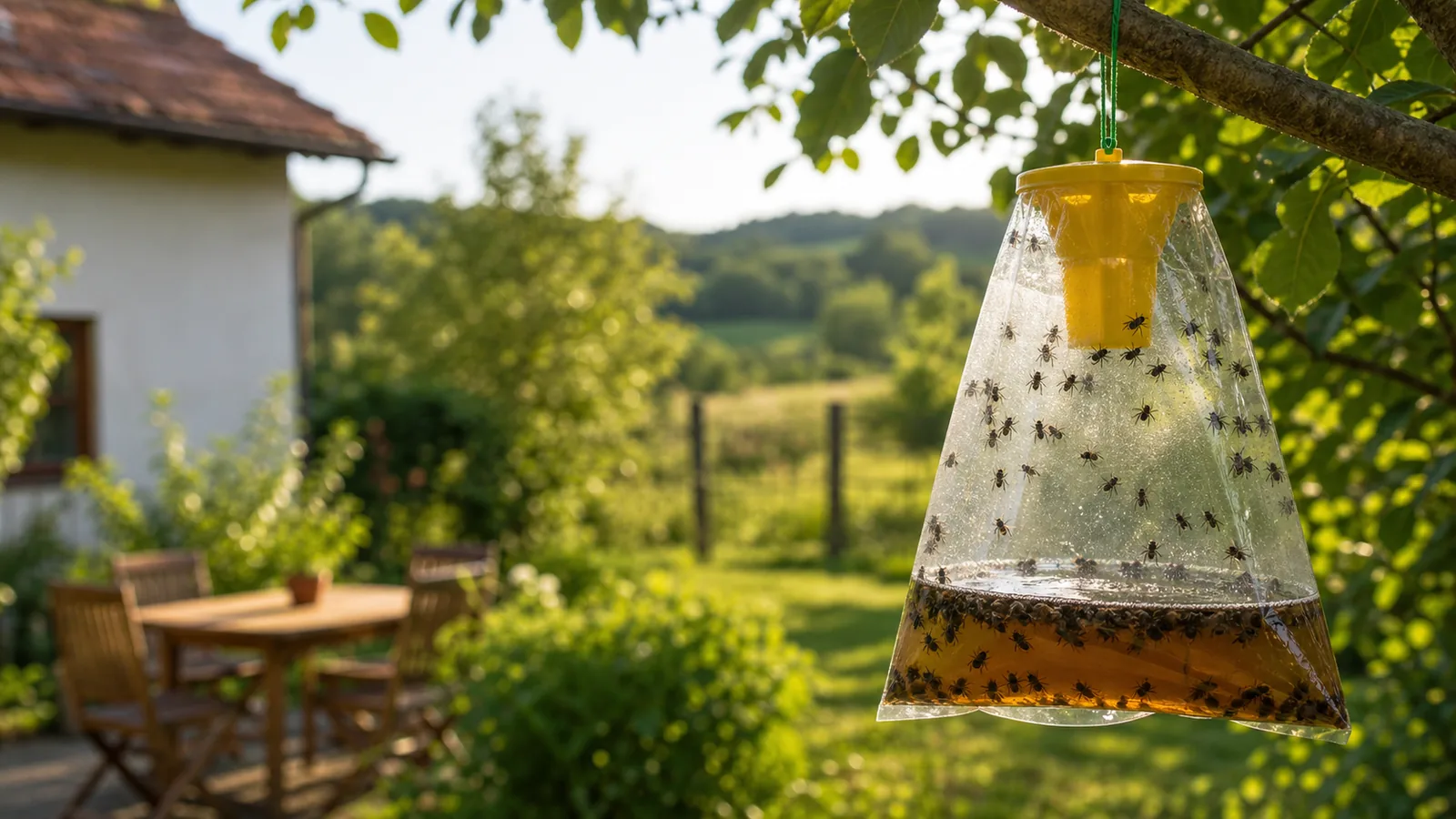 Capcană cu momeală pentru muște agățată de un stâlp la marginea unei curți, departe de terasa cu masă