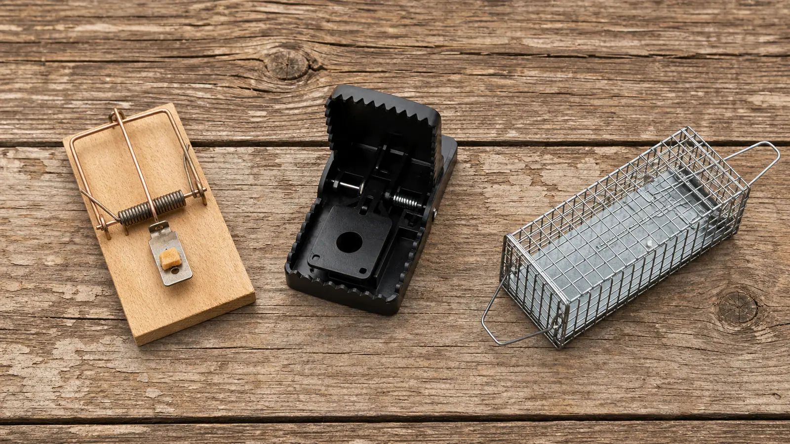 Cele cinci tipuri de capcane pentru șoareci așezate pe un blat de lemn, pregătite pentru comparație — cu arc clasică, din plastic, electrică, placă adezivă și cușcă-vie