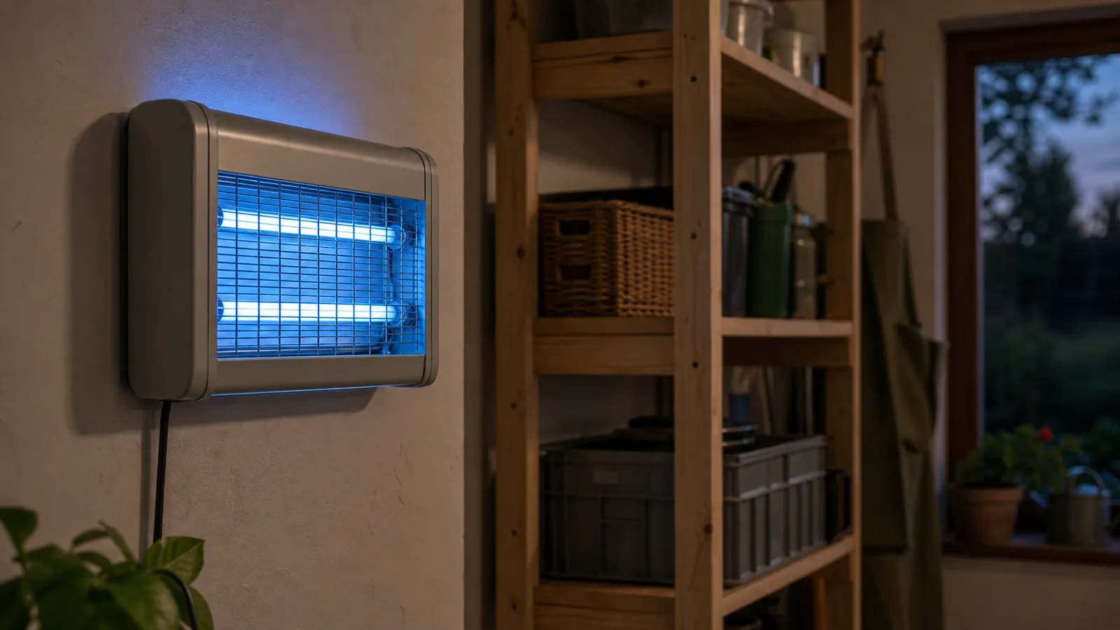 Lampă UV insectocutoare montată pe peretele unei cămări întunecoase, cu tubul albăstrui aprins deasupra unei plăci adezive