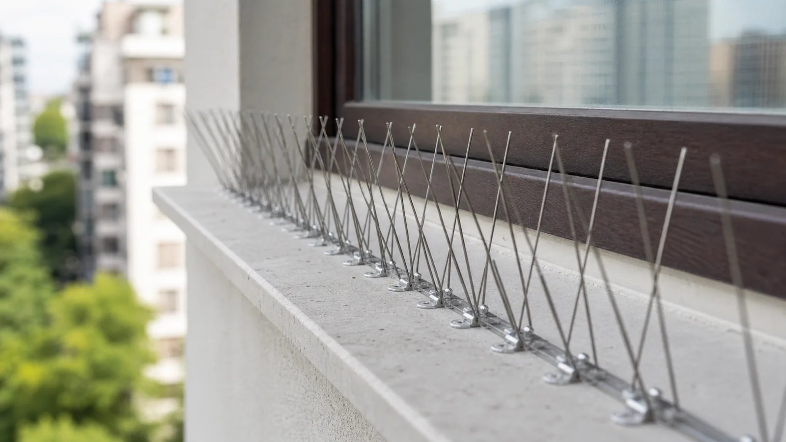 Rând de țepi din inox montat pe muchia unui pervaz de bloc, pe fundalul unei balustrade de balcon