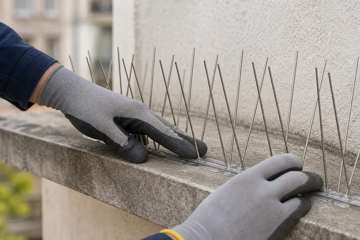 Bandă cu țepi din inox montată pe muchia unui pervaz de beton, acoperind marginea până în colț